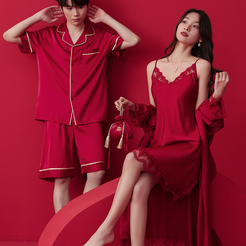 2026 Couple's Ice Silk Pajamas Red Women's Spring and Autumn New Style Zodiac Year High-End Bridal Robe Camisole Nightdress