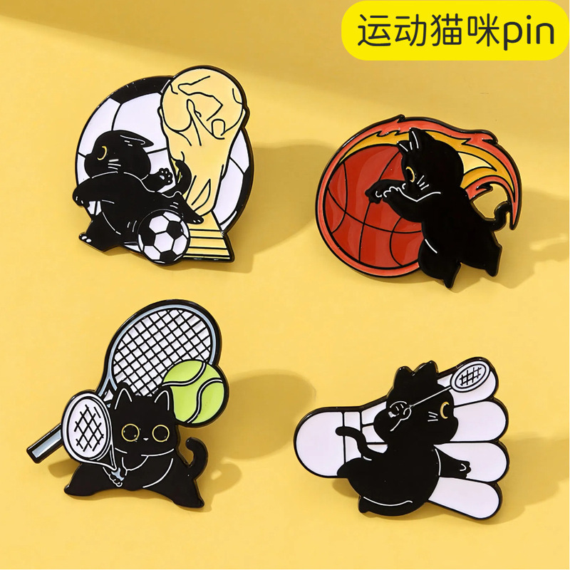 Sports-Themed Black Cat Brooch, Fun Sports Cat Pins, Niche Trendy Accessories for Enthusiasts, Supply Source