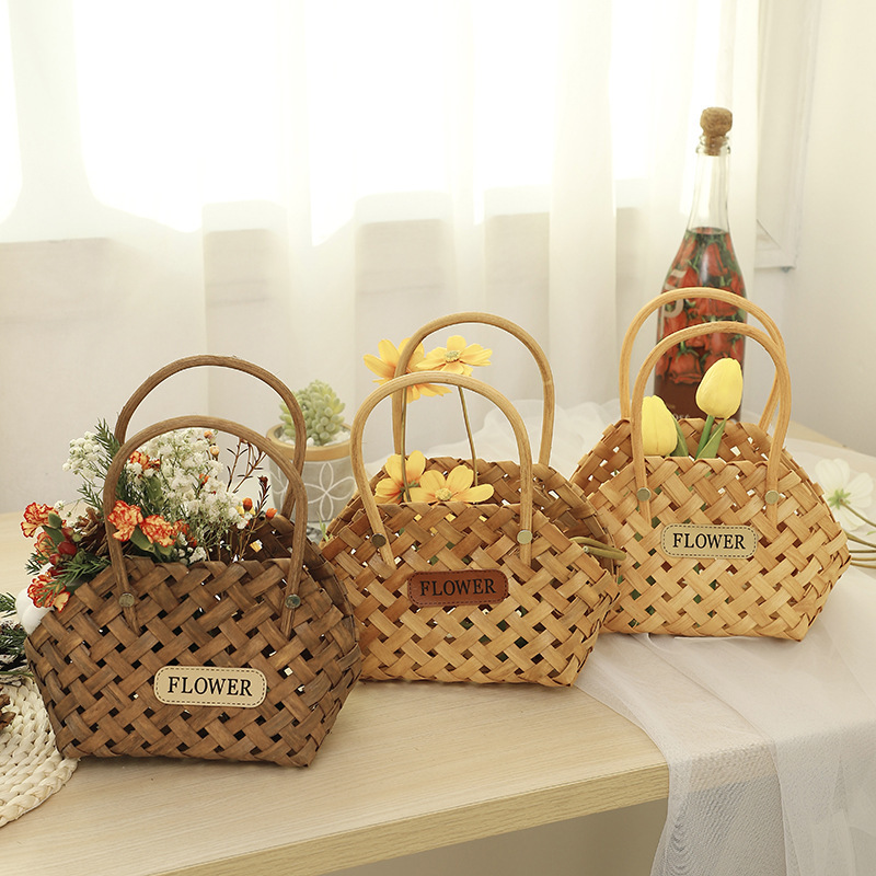 Hand-Woven Wood Chip Basket Teacher's Day and Mid-Autumn Festival Special Flower Basket Internet Celebrity Posing Props Satchel Gift Basket