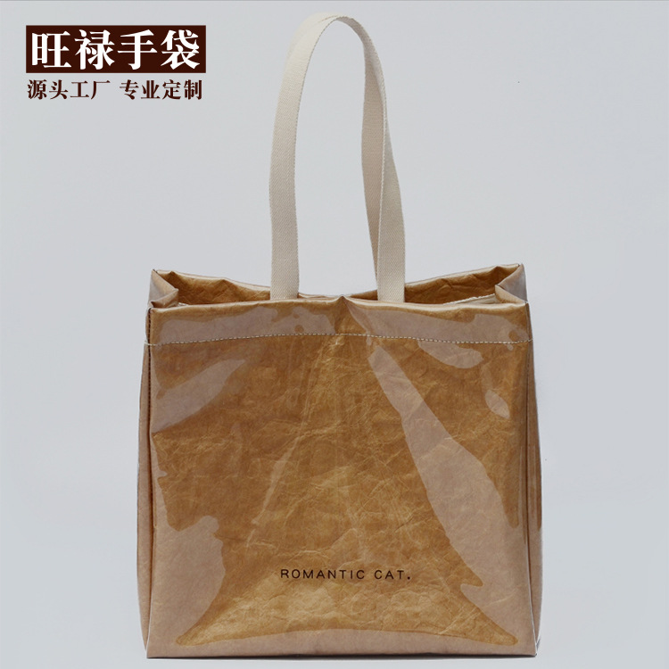 双层复古牛皮纸袋pvc透明防水单肩洗水杜邦纸手提简约购物袋批发