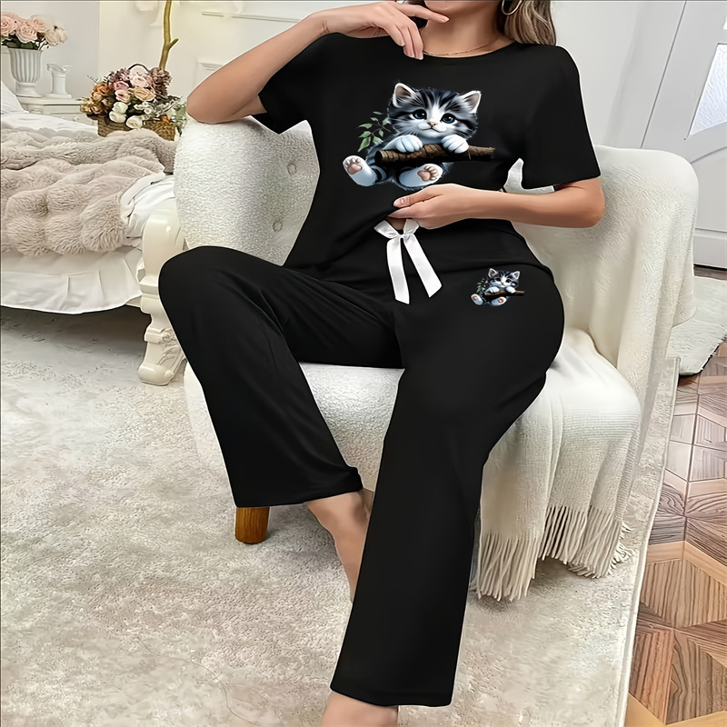 New Cartoon Cat Pajamas for Women, Summer Short-Sleeved Long Pants Home Wear Set, Cute Ice Silk Feel, Comfortable and Breathable