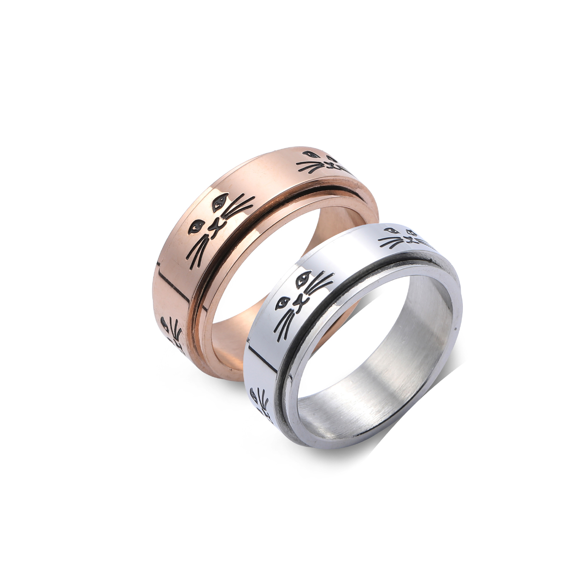 欧美饰品 钛钢猫咪可转动戒指简约玫瑰金气质时尚男士猫脸指环