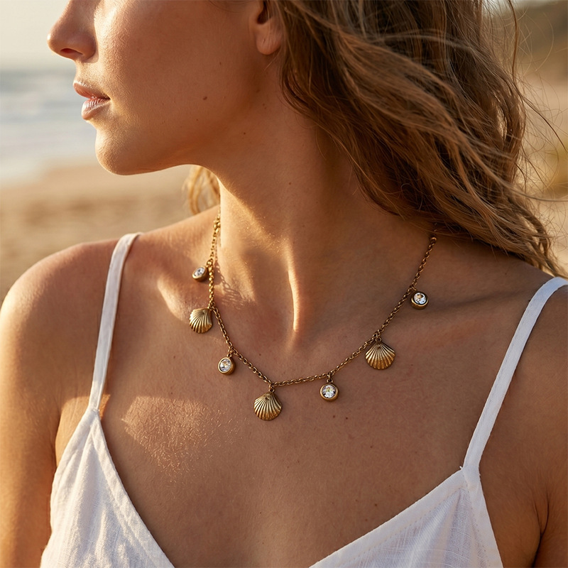 Taina playa de verano viento marino de acero inoxidable collar incrustado zircon no decoloración joyería al por mayor
