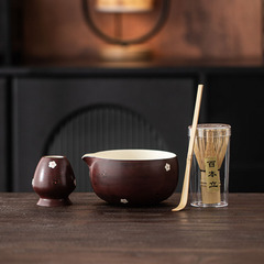 山楂红手绘陶瓷抹茶四件套点茶碗茶筅立百本立打沫搅拌器茶道配件