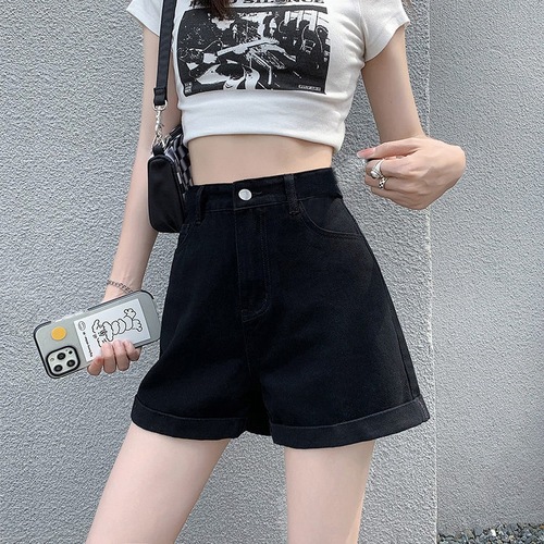 Curled jeans shorts women's summer loose Korean style student high-waist slim casual thin a-line wide-leg hot pants