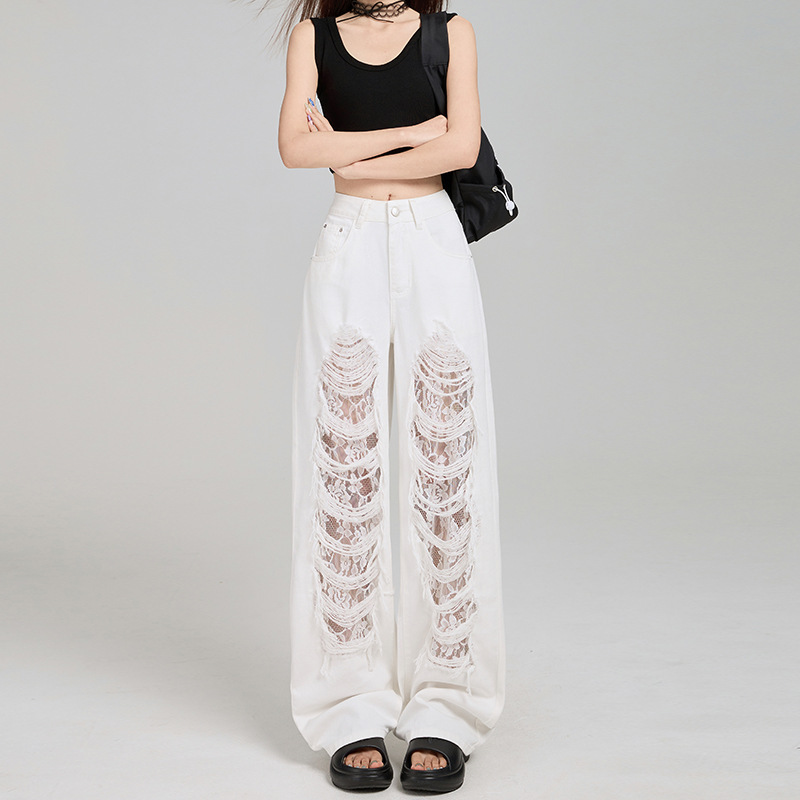 creamy-white Ripped Lace American Style High Waist Jeans Women's 2025 Summer New Style Distinctive Loose Wide Leg