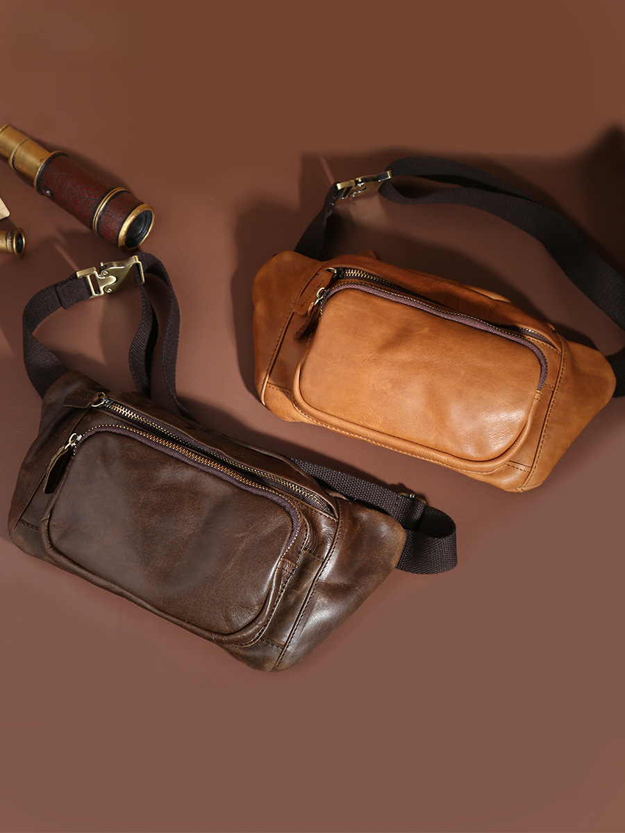Wholesale genuine leather crossbody chest bag men's shoulder backpack European and American retro multi-functional waist bag casual high-end men's chest bag