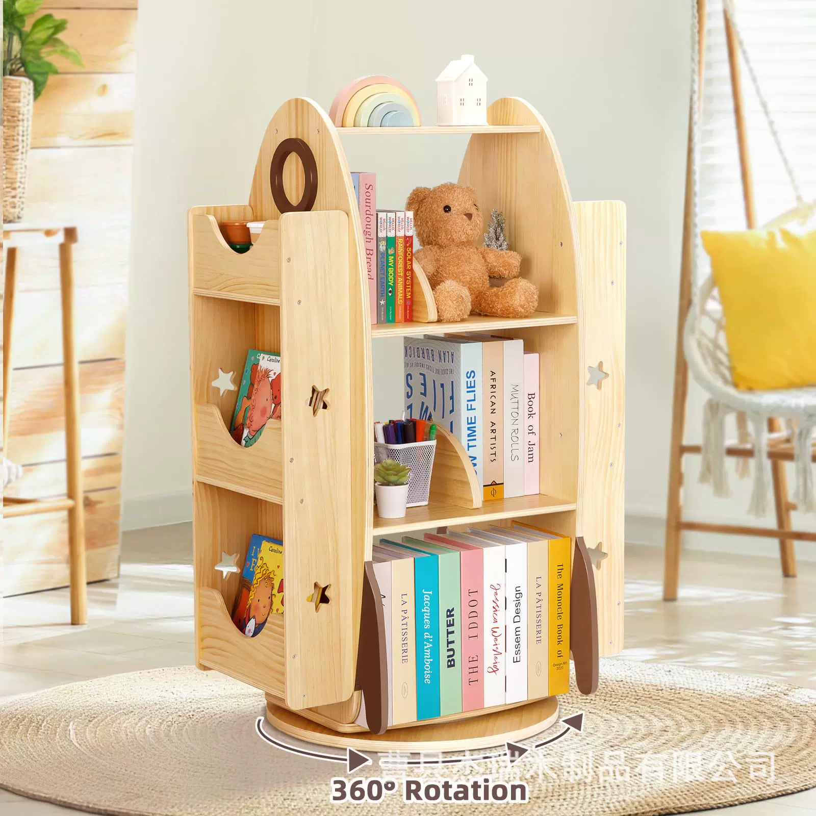 跨境火箭造型儿童书架多层可旋转置物架木质家用绘本玩具收纳架