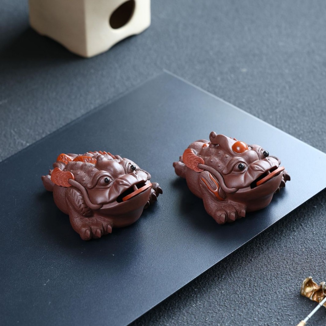 宜兴原矿紫砂鸿运当头招财金蟾蜍茶宠摆件精品可茶养装饰金蟾摆件