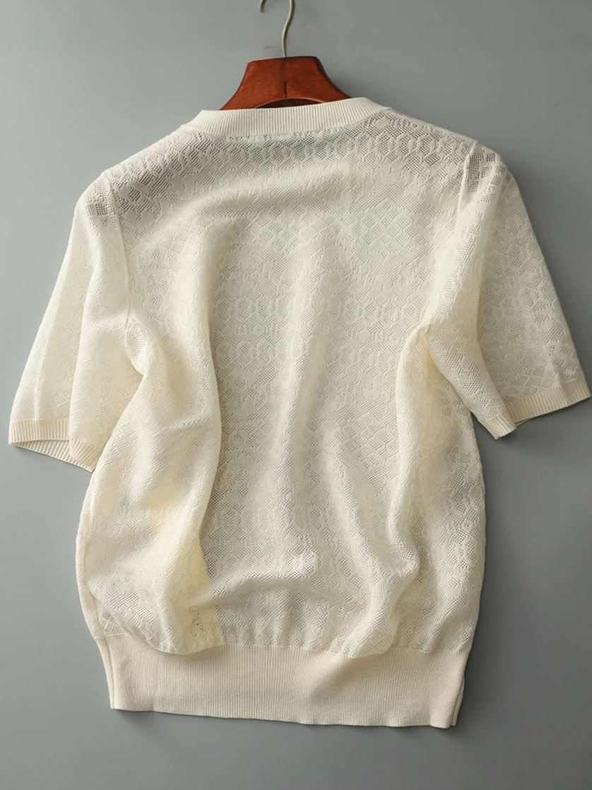 Áo thun nữ tay ngắn ren jacquard Hàn Quốc — đen