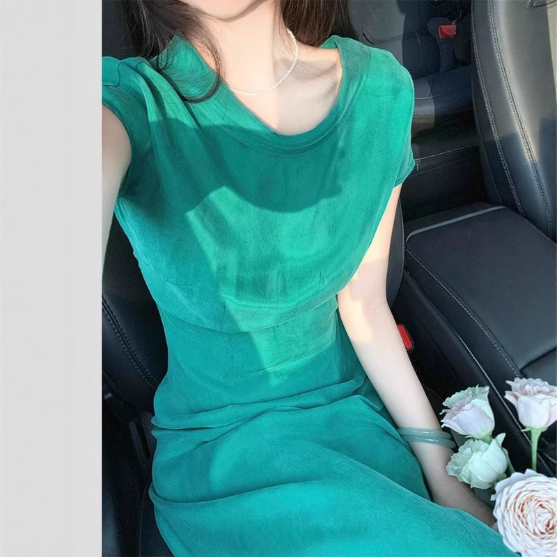 Wutong and the Moon | Soft Wave | Handmade Vintage Cupro Silk Jacquard Boat Neck Slimming Summer Dress for Women