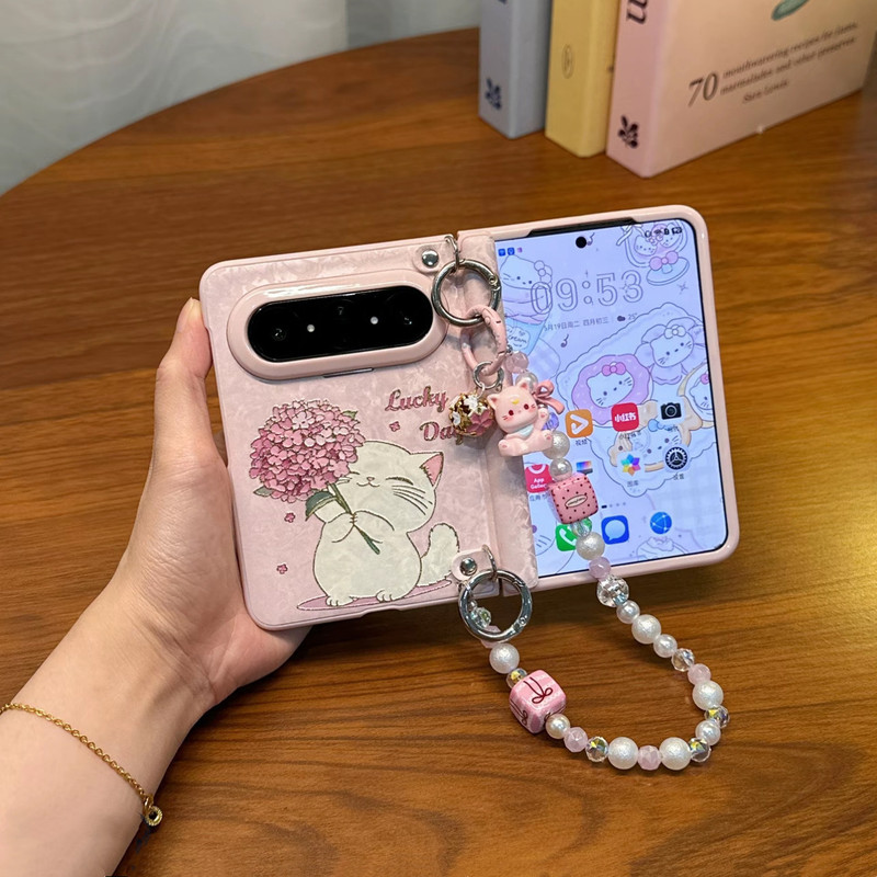 Pink Bouquet Cat-Themed Protective Case for Huawei Puraxmax Foldable Phone, Integrated Case and Film