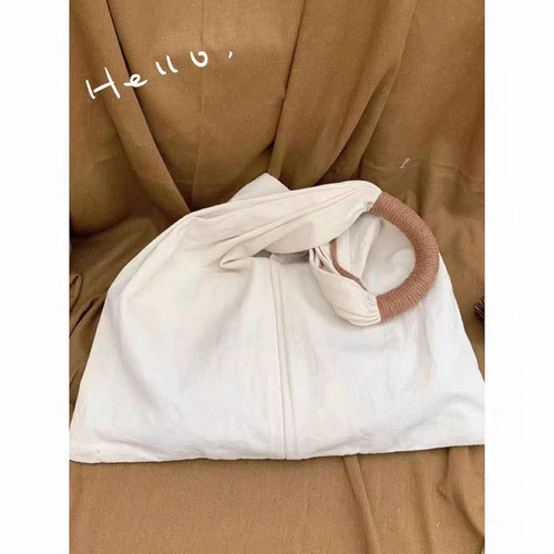Summer simple solid color artistic canvas bag for women 2024 niche handbag casual cloth bag bag large capacity tote bag