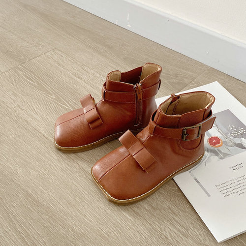 Korean girls' square toe mid-calf leather boots  autumn and winter new style short boots single boots British Martin boots