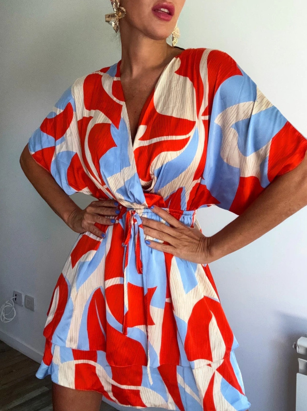 Abstract Print V-Neck Midi Dress With Tie Waist, Flowy Short Sleeve Summer Dress For Vacation & Casual Outings_ecoleips.com