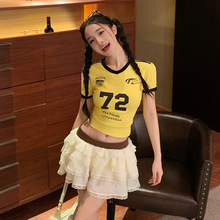 美式纯欲性感修身V领运动球衣短袖t恤跨境辣妹紧身短款上衣女批发