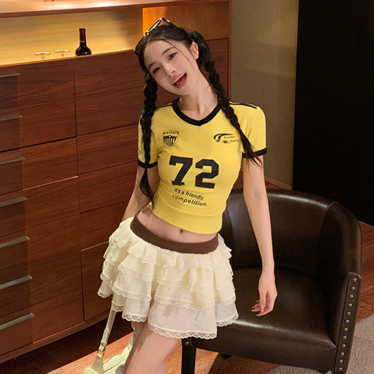 American pure sexy slim V-neck sports jersey short sleeve T-shirt cross-border hot girls tight short jacket women's wholesale American pure sexy slim V-neck sports jersey short sleeve T-shirt cross-border hot girls tight short jacket women's wholesale
