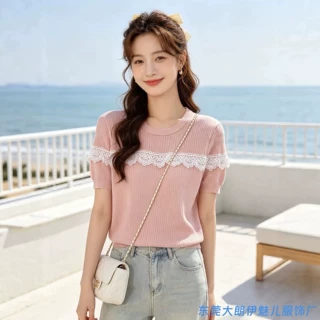 夏季薄款蕾丝边针织衫女2026新款洋气宽松休闲短袖t恤小衫上衣女