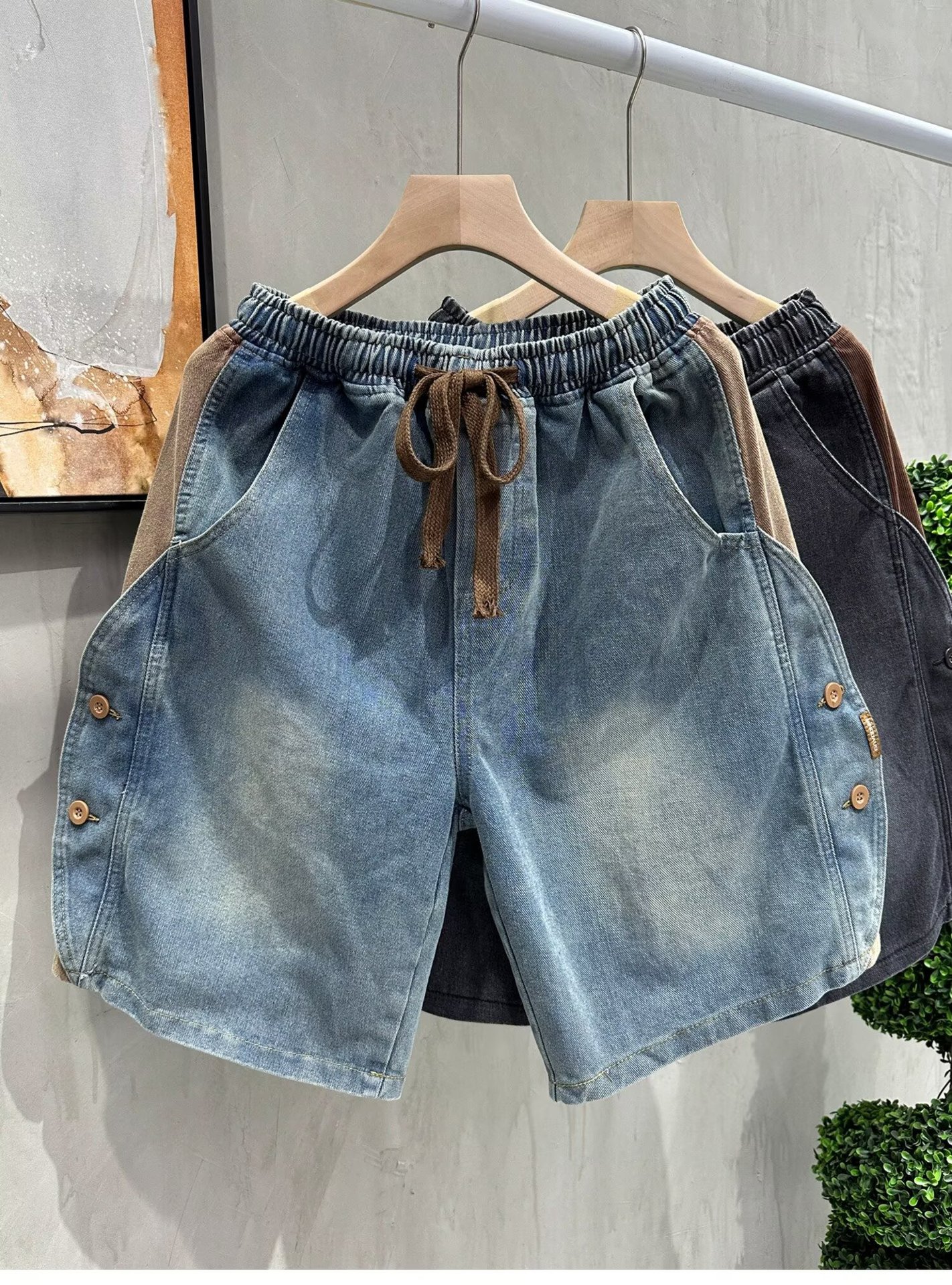 Men's Retro Distressed Denim Shorts Summer Casual Loose Fit Color Block Five Point Drawstring Elastic Waist Plus Size Mid-Length_mkmklike.com