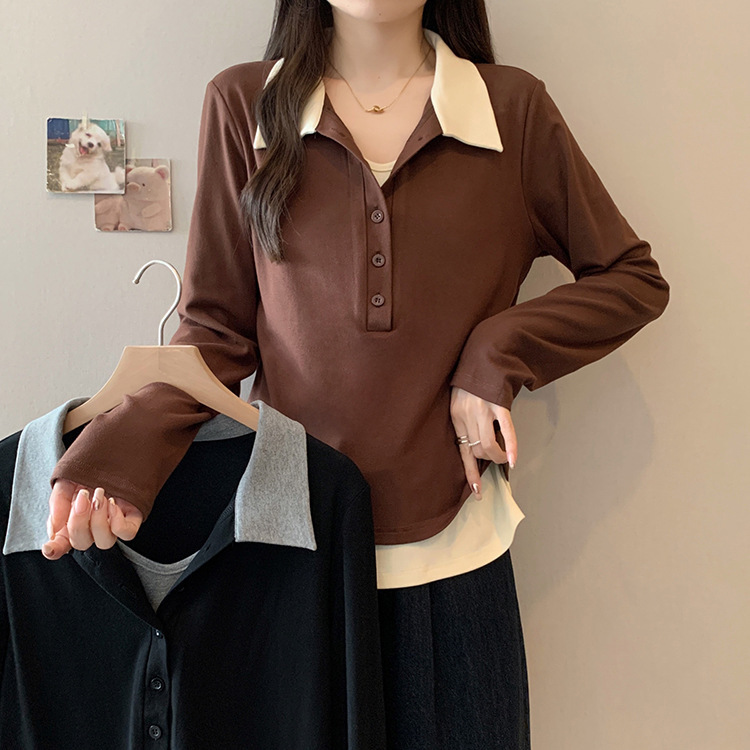 2025秋装新款胖mm大码女休闲百搭polo领撞色假两件长袖甜美上衣|undefined