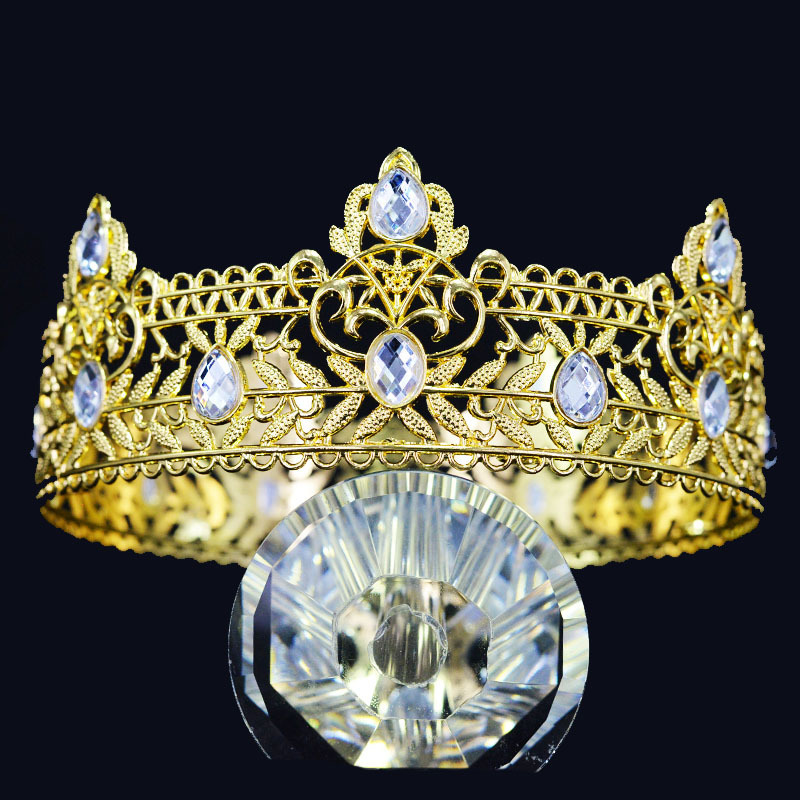 Vintage Baroque King Crown Headwear High-end Luxury Bride Crown Alloy Diamond Men's Grand Round Crown Vintage Baroque King Crown Headwear High-end Luxury Bride Crown Alloy Diamond Men's Grand Round Crown