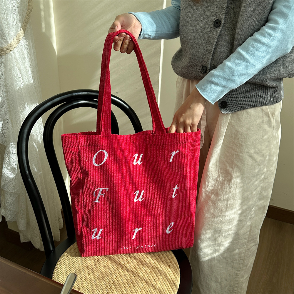 310262 embroidered letter future corduroy single-shoulder Maillard color hand-held canvas bag Women's tote bag undefined