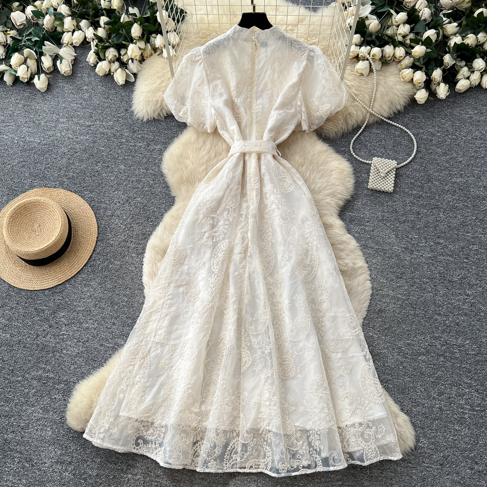 Elegant Lace Embroidered Dress for Women High-Waisted A-Line Skirt Summer Suitable for Commuting And Banquets_ecoleips.com