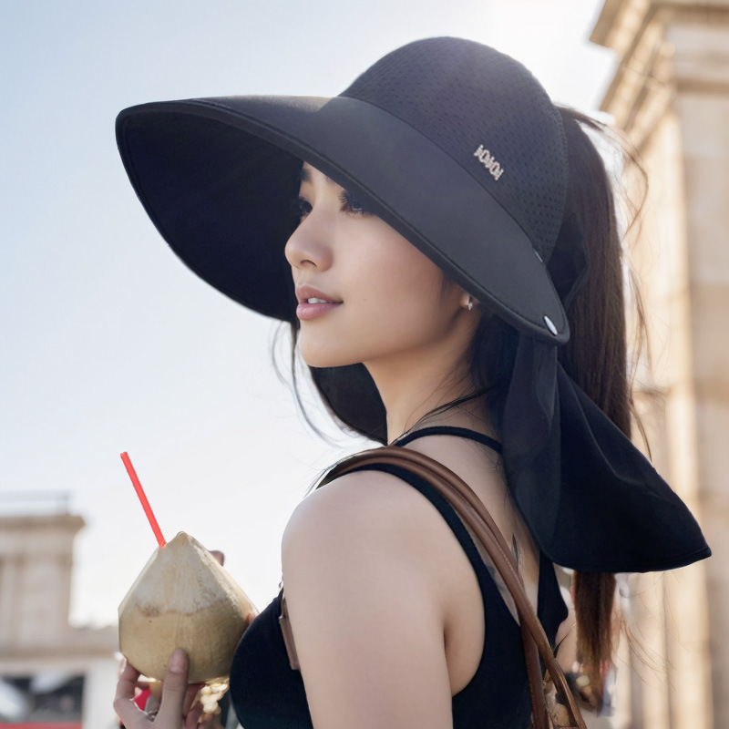 Nueva gorra de tejer super-gran gorra de protección solar de playa anti-UV sombrero de sombrero de protección solar de cuello desmontable