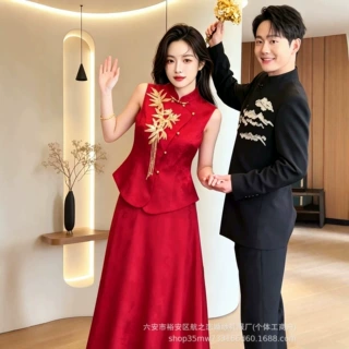 新中式旗袍套装红色无袖新娘敬酒服宴会订婚礼服新款夏季时尚礼服
