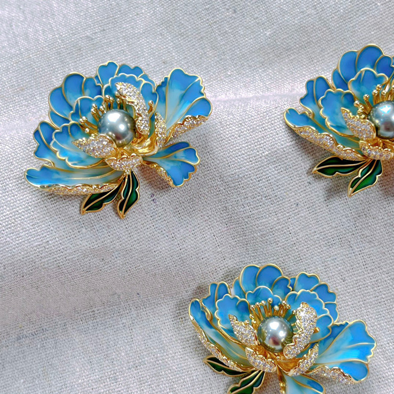 DIY accessories national style peony flower brooch women's high-grade enamel painted classical temperament pin pearl corsage empty holder