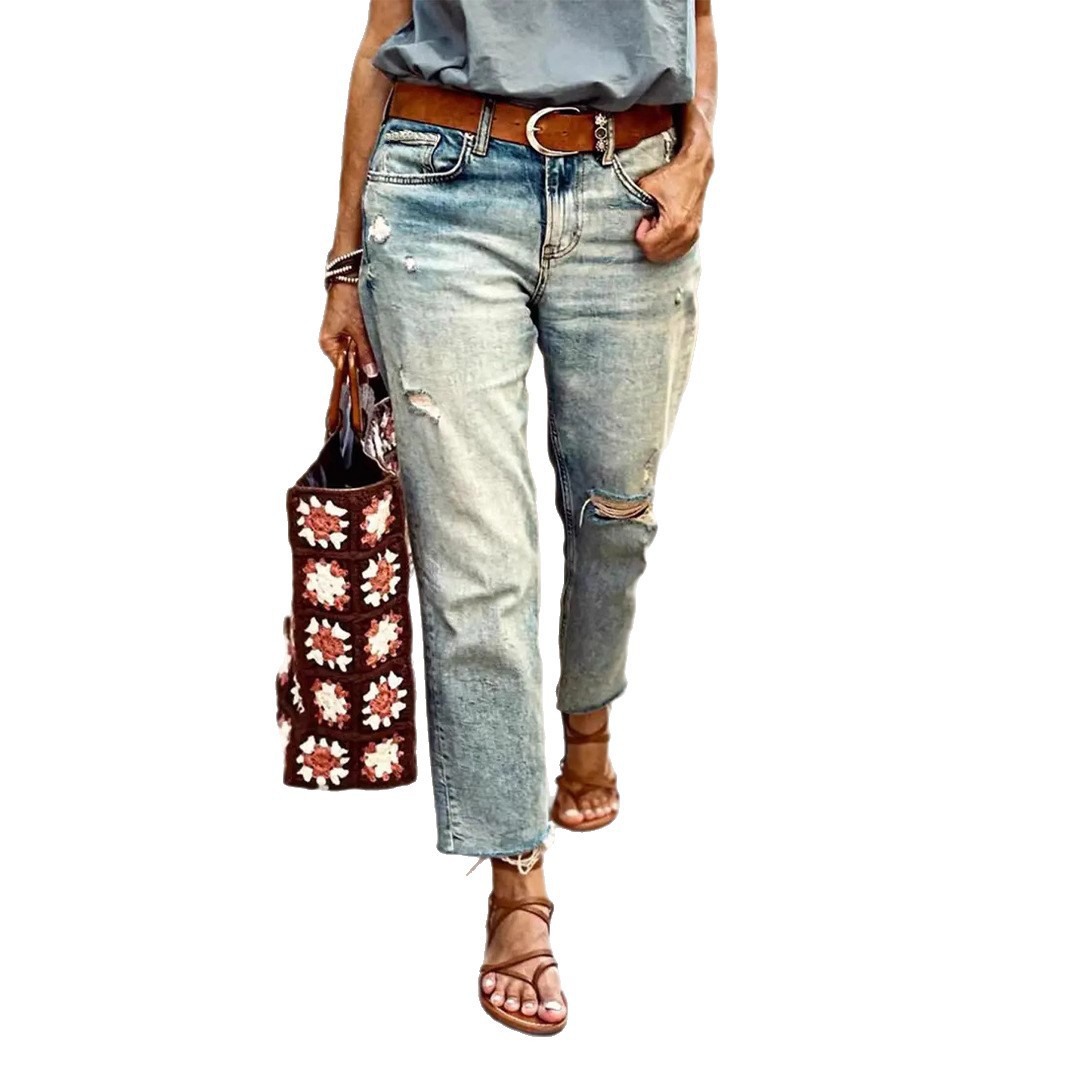 Jeans de Pierna Ancha para Mujer de Denim de Algodón Elástico y Cintura Alta para Uso Casual