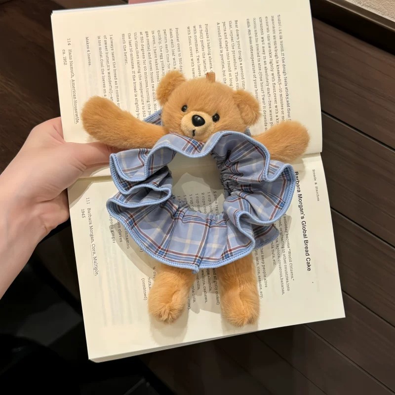 Cute and super stylish plush bear plaid scrunchie for playful bun hairstyles, hair accessory wholesale