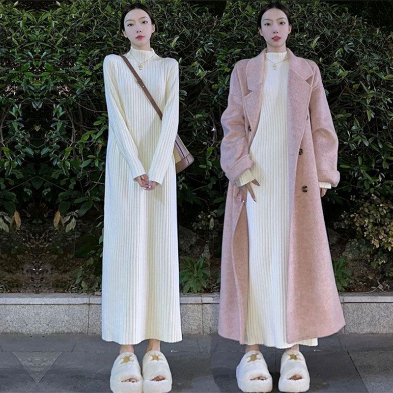 纸片人垂感毛衣裙长款女秋冬加厚内搭过膝休闲显瘦针织打底连衣裙|undefined