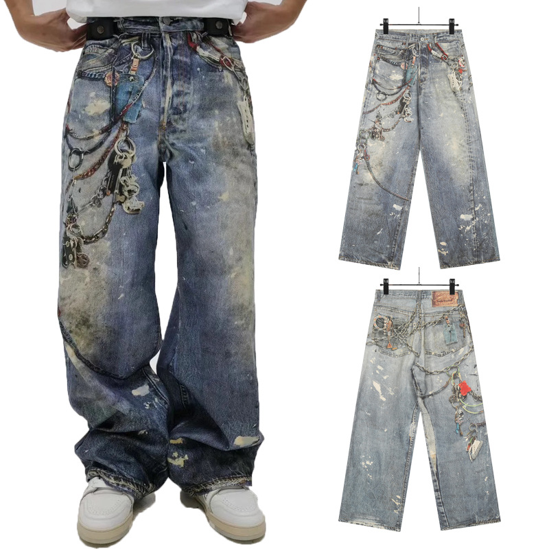 Men's Clothing 3D Chain Print Washed Jeans – Vintage Distressed Loose-Fit Denim Pants For Men & Women_voghion.com