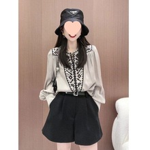 出口欧洲站小衫欧货雪纺上衣百搭洋气减龄绣花长袖衬衫女软缎