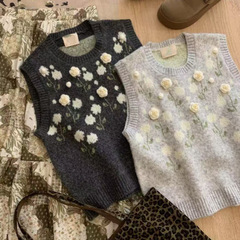 秋冬季新款韩系甜美立体花朵针织马甲女宽松慵懒风时尚叠穿背心潮