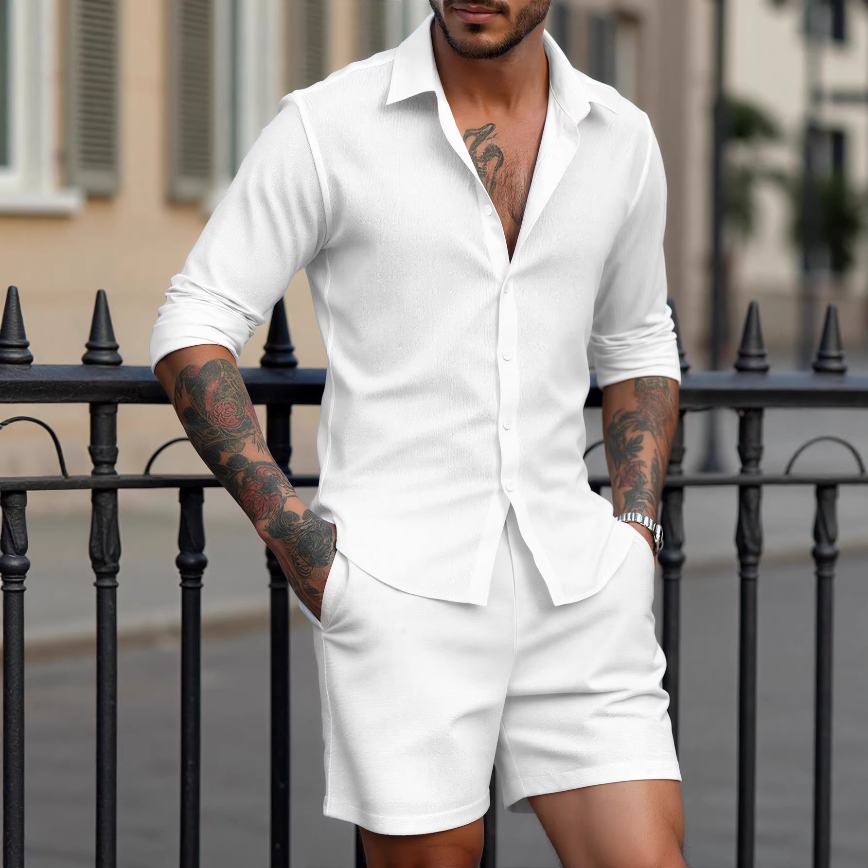 Ensemble deux pièces chemise et short décontracté/formel pour homme, collection printemps/été 2026, style transfrontalier européen/américain, référence 260115_voghion.com