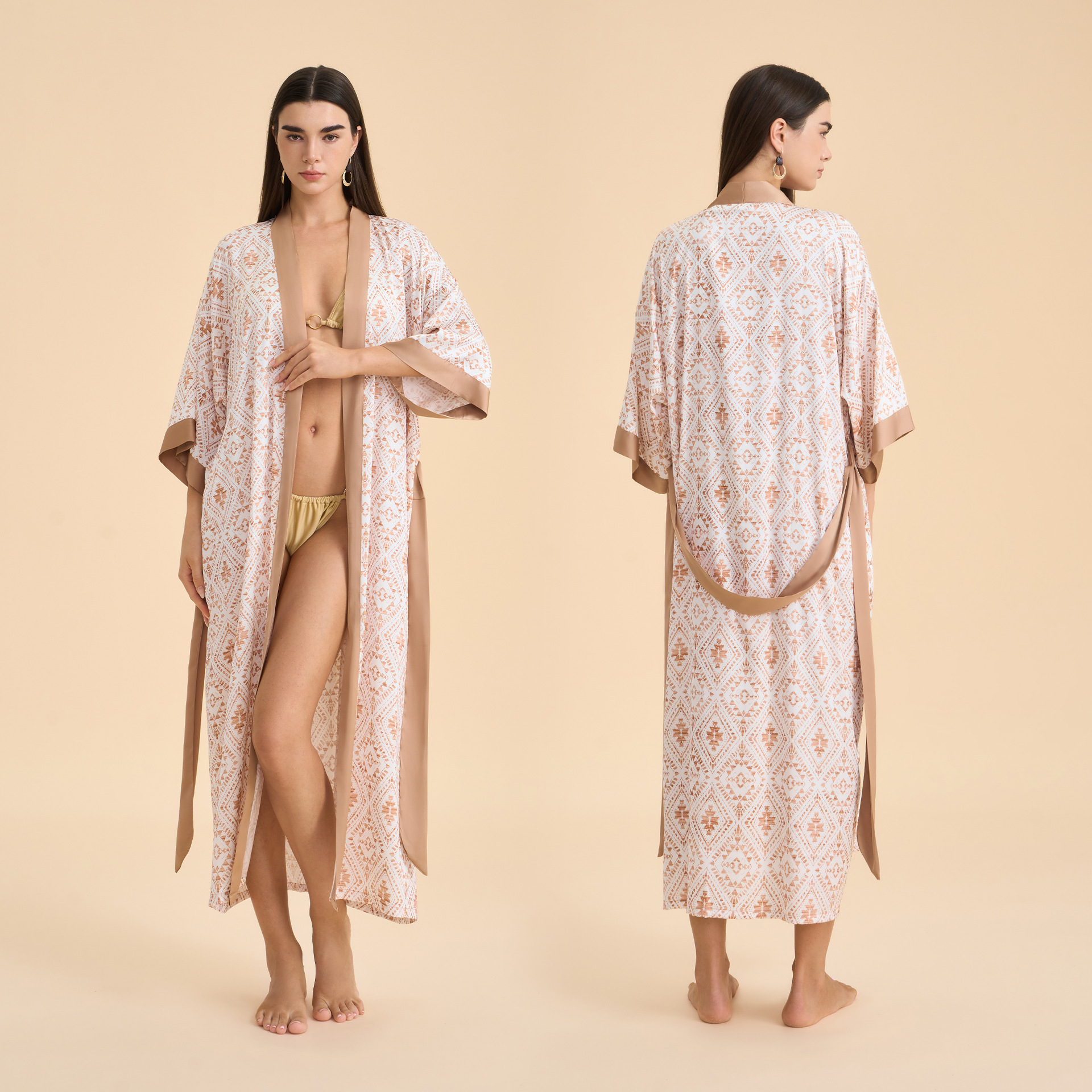 Europa y América pijamas damas primavera y otoño satén chiffon bata de baño impresión desordenada bata de dormir cómoda ropa larga para el hogar WP3976