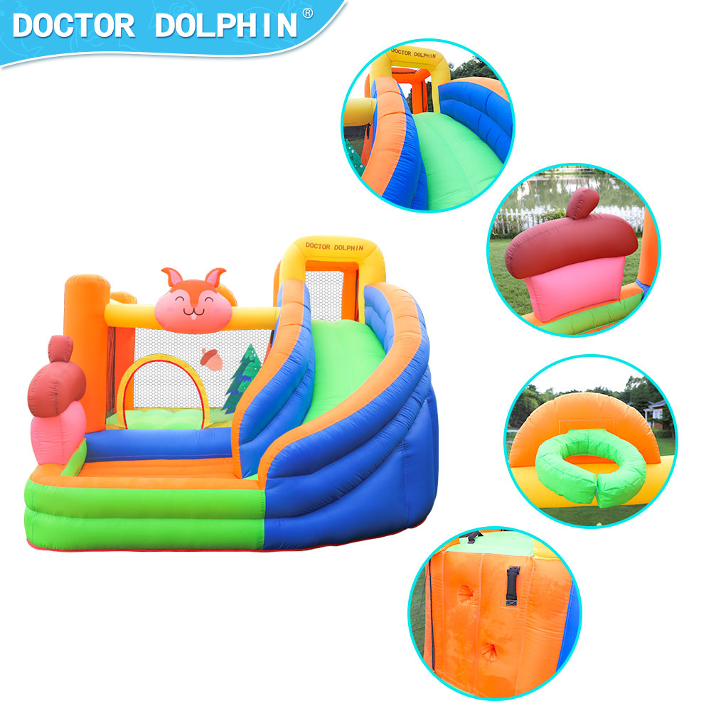 Castillo inflable para niños Doctor Dolphin, trampolín y tobogán con temática de ardilla, área de juegos interior, zona de juego para padres e hijos.