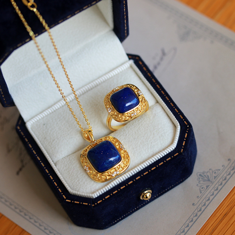 S925 Sterling Silver Gold-Plated Pendant with Natural Afghan Lapis Lazuli Square Pendant, Vintage and Elegant Women's Necklace