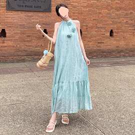 蓝色无袖挂脖连衣裙女夏季法式海边度假气质背心裙子图片色修身型
