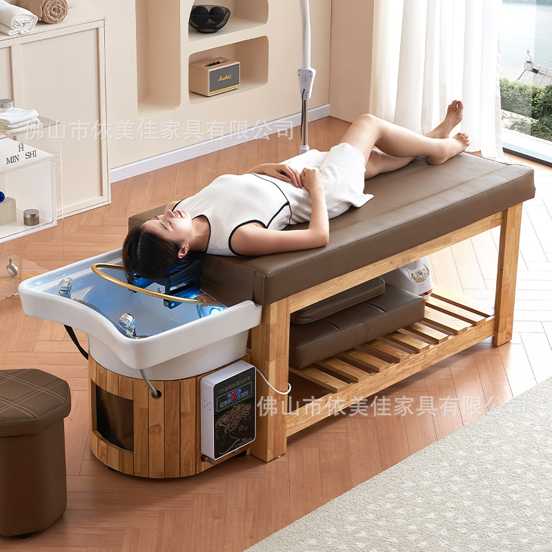 Todo el estilo tailandés de madera maciza reclinar barbería barbería cabello cama de tratamiento de pies de cerámica de alta gama en la cama de lavado de cabello