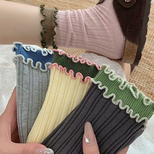 Double-layer Auricularia Socks Retro Girls Early Autumn Ins Dopamine Double-layer Lace Mid-tube Socks Ear-side Piled Socks
