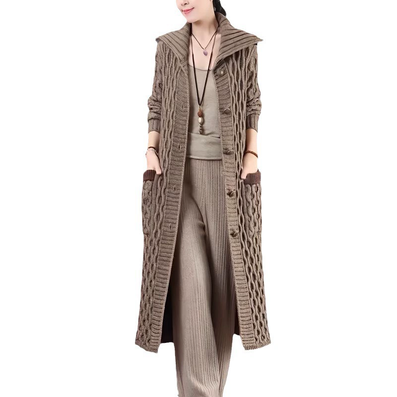 Ultra-Thick Demi-Season Knitted Cardigan Coat: Long Sweater-Jacket with Trench Flair and Warmth