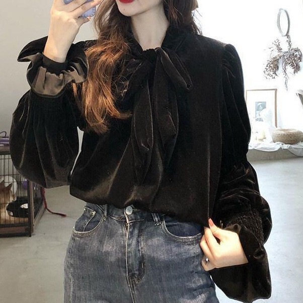 French Design Sense British Style Bow Strap Velvet Shirt Women's Fashion Autumn and Winter New Long Sleeve Street Shirt