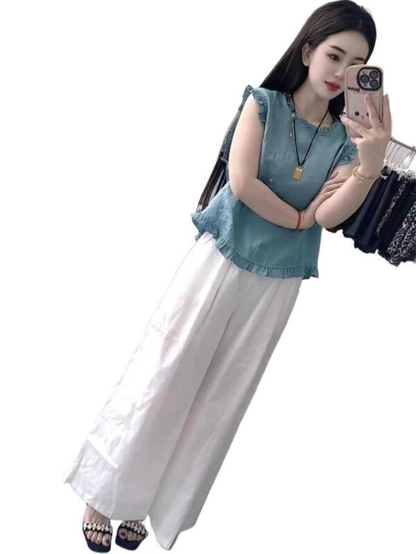 欧洲站时尚减龄套装女2025夏季新款撞色格子木耳边无袖小衫阔腿裤|undefined