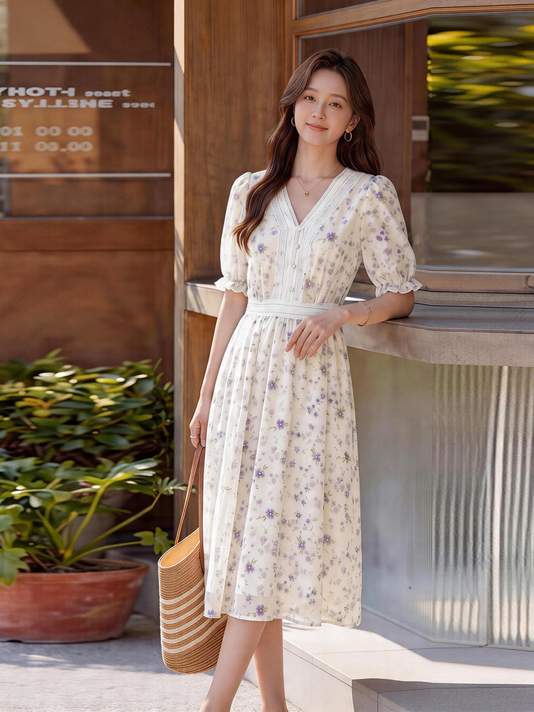 Đầm maxi nữ thắt eo tay ngắn cổ V in họa tiết dáng dài — màu be, màu trắng