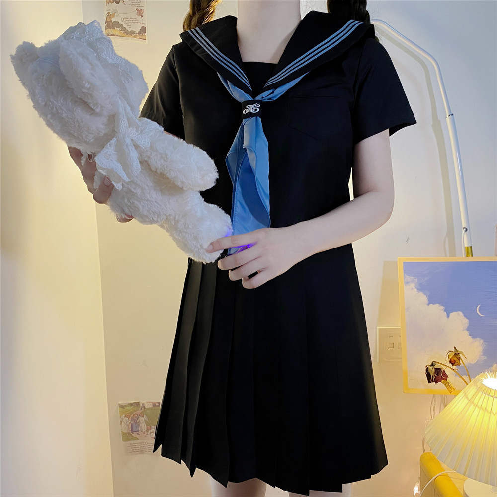 도매 검은 색과 파란색 세 선원 세트 짧은 소매 여름 세트 중간 세트 일본 JK 유니폼 스커트 기본 학업 스타일 세트