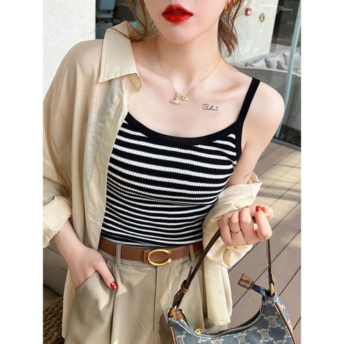 Striped suspenders for women's inner wear Summer Hong Kong style knitted bottoming sleeveless top slim and thin niche vest outside