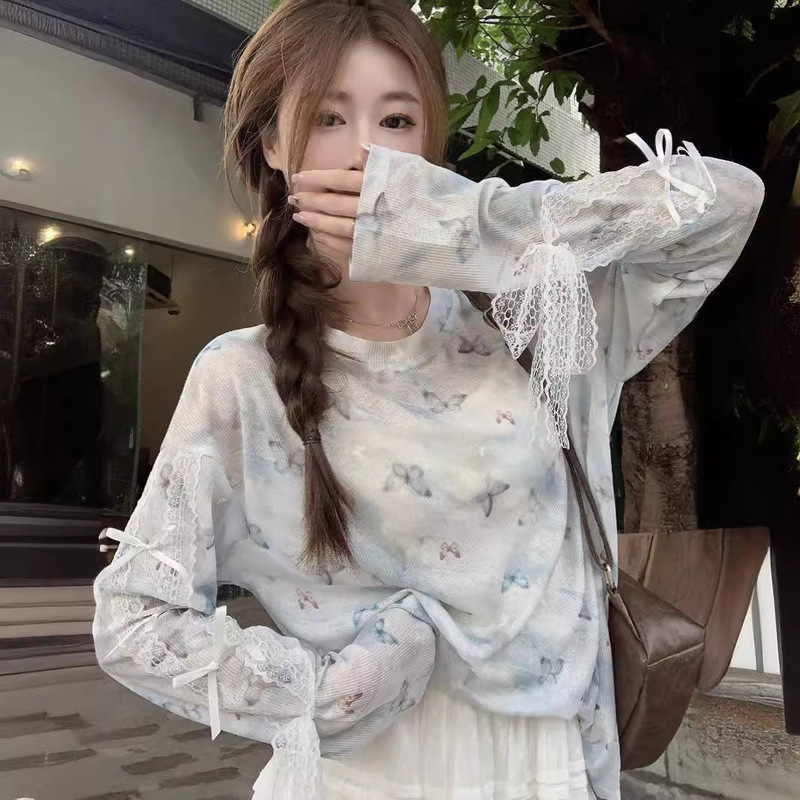 [Self-set Factory in stock Now] Dopamine Printed Blouse T-Shirt Niche Casual Loose Thin Top